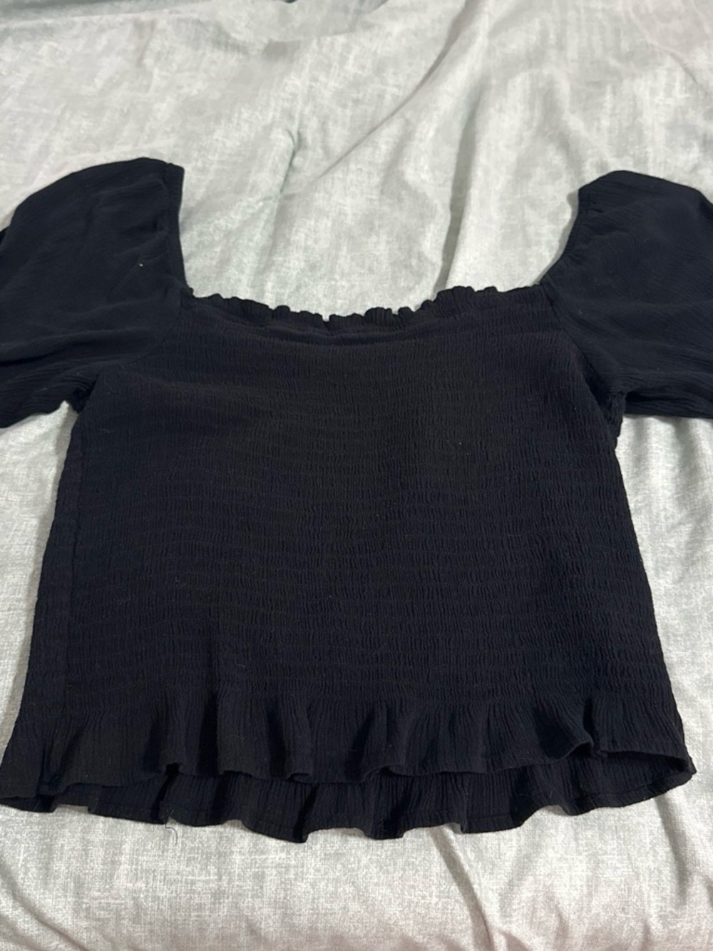 Black Smocked Puff Sleeve Women's Top